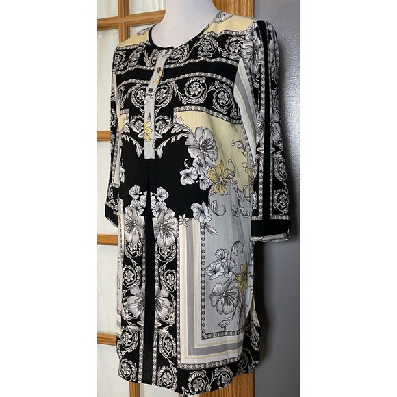Fig And Flower Floral Tunic Blouse M Black Gray Crepe Boho Cottagecore Career - Picture 2 of 15